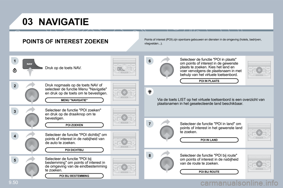 Peugeot Expert Tepee 2010  Handleiding (in Dutch) 9.50
�0�3
1
�2
�3
4
�7
�8�5
6
� �N�A�V�I�G�A�T�I�E� 
  POINTS OF INTEREST ZOEKEN 
 Druk op de toets NAV. 
 Druk nogmaals op de toets NAV of selecteer de functie Menu "Navigatie" en druk op de toets om