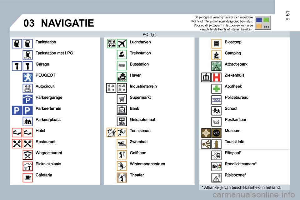 Peugeot Expert Tepee 2010  Handleiding (in Dutch) �0�3
9.519.51
� �N�A�V�I�G�A�T�I�E� 
  POI-lijst 
  *   Afhankelijk van beschikbaarheid in het land.  
 Dit pictogram verschijnt als er zich meerdere Points of Interest in hetzelfde gebied bevinden. D