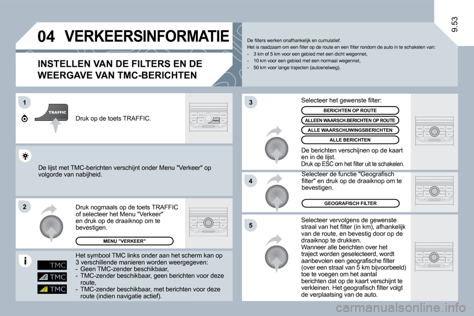 Peugeot Expert Tepee 2010  Handleiding (in Dutch) 04
1
�2
�5
4
�3
9.53
� � � � � � � �V�E�R�K�E�E�R�S�I�N�F�O�R�M�A�T�I�E� 
� � �I�N�S�T�E�L�L�E�N� �V�A�N� �D�E� �F�I�L�T�E�R�S� �E�N� �D�E� 
�W�E�E�R�G�A�V�E� �V�A�N� �T�M�C�-�B�E�R�I�C�H�T�E�N� 
 Sel