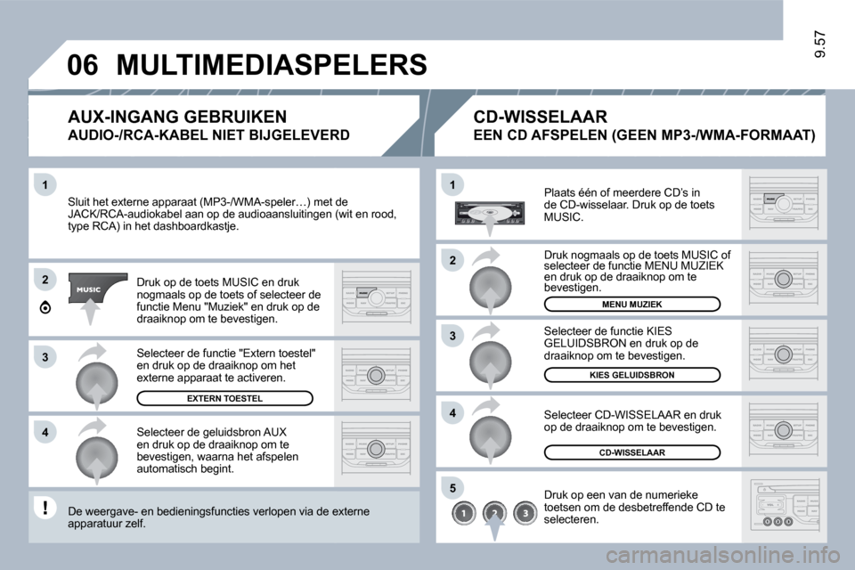 Peugeot Expert Tepee 2010  Handleiding (in Dutch) 1
�2
�3
4
1
4
06
�2
�3
�5
9.57
 Sluit het externe apparaat (MP3-/WMA-speler…) met de met de JACK/RCA-audiokabel aan op de audioaansluitingen (wgen (wit en rood, type RCA) in het dashboardkastje. 
 D