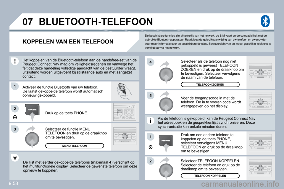 Peugeot Expert Tepee 2010  Handleiding (in Dutch) 9.58
�0�7
1
�3
�5
4
�2
1
�2
 De beschikbare functies zijn afhankelijk van het netwerk, de SIM-kaart en de compatibiliteit met de gebruikte Bluetooth-apparatuur. Raadpleeg de gebrui ksaanwijzing van uw