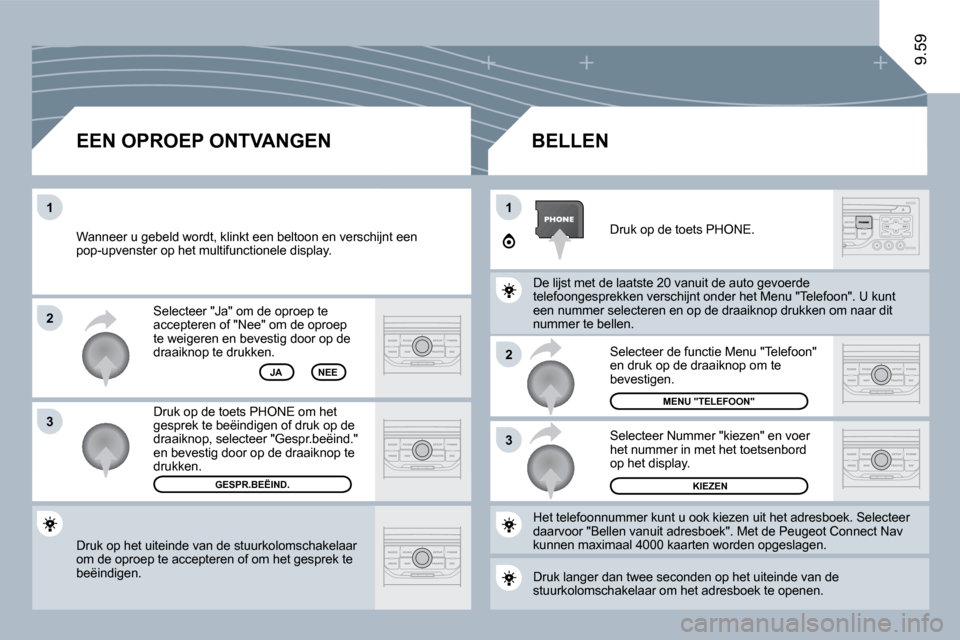 Peugeot Expert Tepee 2010  Handleiding (in Dutch) �2
�3
11
�2
�3
9.59
 Druk op het uiteinde van de stuurkolomschakelaar om de oproep te accepteren of om het gesprek te beëindigen.  
 Selecteer "Ja" om de oproep te accepteren of "Nee" om de oproep te
