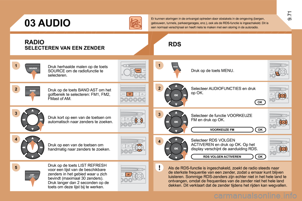 Peugeot Expert Tepee 2010  Handleiding (in Dutch) 11
�2�2
�3�3
44
�2�2
44
�3�3
11
�0�3
�5�5
9.71
     AUDIO 
  RADIO 
 Druk herhaalde malen op de toets SOURCE om de radiofunctie te selecteren. 
 Druk op de toets BAND AST om het golfbereik te selecter