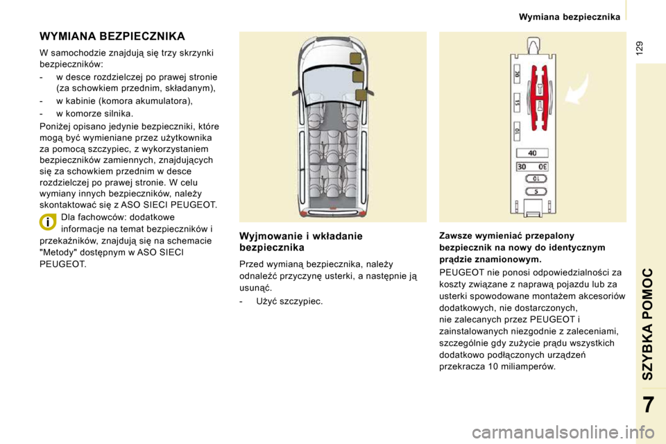 Peugeot Expert Tepee 2010  Instrukcja Obsługi (in Polish) � �1�2�9
� � � �W�y�m�i�a�n�a�  �b�e�z�p�i�e�c�z�n�i�k�a� � � 
SZYBKA POMOC
7
 WYMIANA BEZPIECZNIKA 
� �W� �s�a�m�o�c�h�o�d�z�i�e� �z�n�a�j�d�u�j"� �s�i� �t�r�z�y� �s�k�r�z�y�n�k�i�  
�b�e�z�p�i�e�
