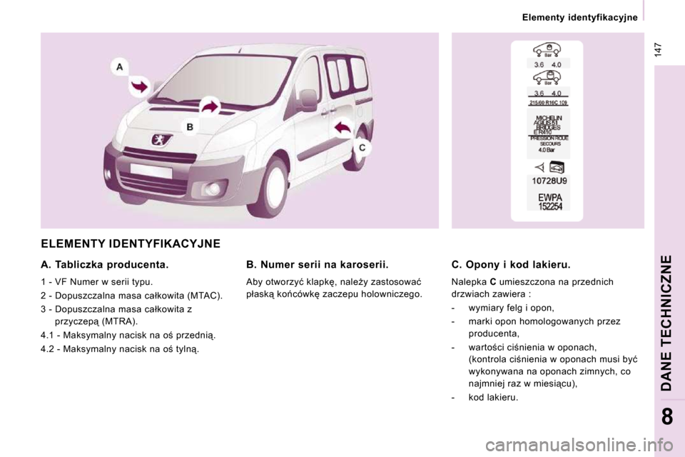 Peugeot Expert Tepee 2010  Instrukcja Obsługi (in Polish)  147
   Elementy  identyfikacyjne   
DANE TECHNICZNE
8
� �E�L�E�M�E�N�T�Y� �I�D�E�N�T�Y�F�I�K�A�C�Y�J�N�E� 
  A.  Tabliczka  producenta. 
� �1� �-� �V�F� �N�u�m�e�r� �w� �s�e�r�i�i� �t�y�p�u�.�  
� �2