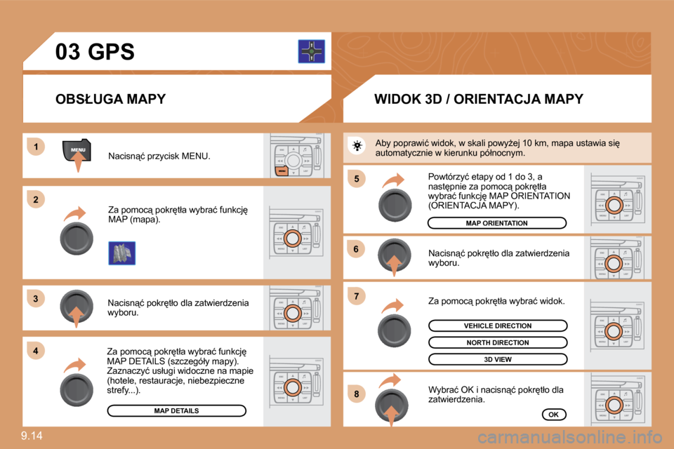 Peugeot Expert Tepee 2010  Instrukcja Obsługi (in Polish) 9.14 
�0�3
�1�1
�2�2
�3�3
�4�4
�6�6
�7�7
�8�8
�5�5
       GPS 
� �N�a�c�i�s�n"�ć� �p�r�z�y�c�i�s�k� �M�E�N�U�.� 
� �Z�a� �p�o�m�o�c"� �p�o�k�r�t�ł�a� �w�y�b�r�a�ć� �f�u�n�k�c�j� �M�A�P� �(�m�