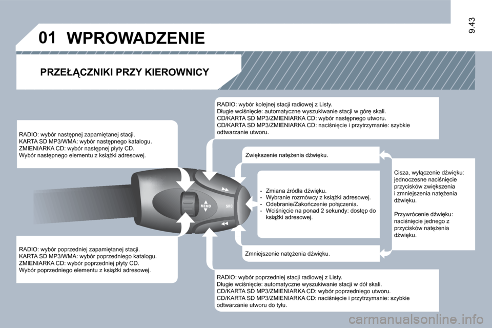 Peugeot Expert Tepee 2010  Instrukcja Obsługi (in Polish) �0�1
9.43
� �R�A�D�I�O�:� �w�y�b�ó�r� �p�o�p�r�z�e�d�n�i�e�j� �z�a�p�a�m�i�t�a�n�e�j� �s�t�a�c�j�i�.� � �K�A�R�T�A� �S�D� �M�P�3�/�W�M�A�:� �w�y�b�ó�r� �p�o�p�r�z�e�d�n�i�e�g�o� �k�a�t�a�l�o�g�u�.