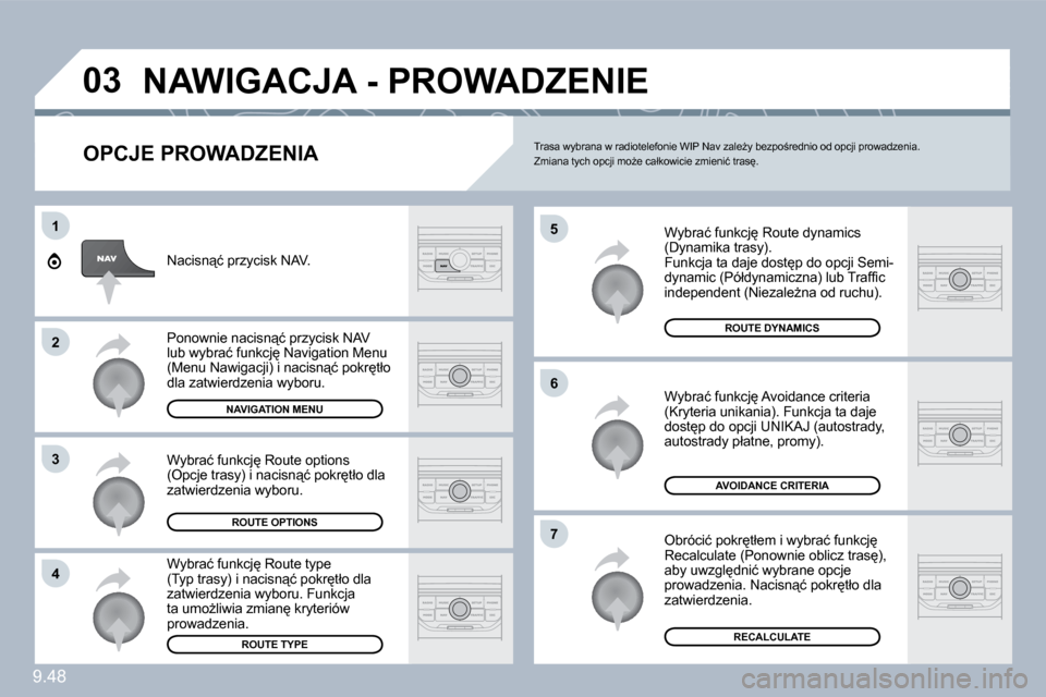Peugeot Expert Tepee 2010  Instrukcja Obsługi (in Polish) 9.48
�0�3
�5
�6
�7
�1
�2
�3
�4
� �N�A�W�I�G�A�C�J�A� �-� �P�R�O�W�A�D�Z�E�N�I�E� 
� � �O�P�C�J�E� �P�R�O�W�A�D�Z�E�N�I�A� 
� �W�y�b�r�a�ć� �f�u�n�k�c�j� �R�o�u�t�e� �d�y�n�a�m�i�c�s� �(�D�y�n�a�m�i