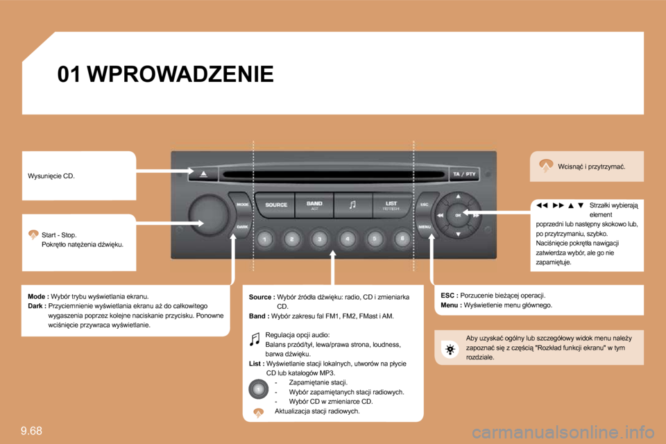 Peugeot Expert Tepee 2010  Instrukcja Obsługi (in Polish) 9.68 
�0�1� �W�P�R�O�W�A�D�Z�E�N�I�E
� � �W�y�s�u�n�i�c�i�e� �C�D�.� 
� �S�t�a�r�t� �-� �S�t�o�p�.� � �P�o�k�r�t�ł�o� �n�a�tG�e�n�i�a� �dE�w�i�k�u�.� 
� � �M�o�d�e� �:� � �W�y�b�ó�r� �t�r�
