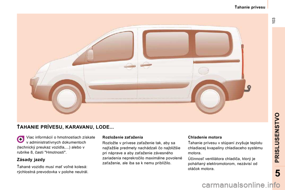 Peugeot Expert Tepee 2010  Užívateľská príručka (in Slovak)  103
� � � >�a�h�a�n�i�e�  �p�r�í�v�e�s�u� � � 
PRISLUSENSTVO
5
 Viac informácií o hmotnostiach získate  
v administratívnych dokumentoch 
(technický preukaz vozidla,...) alebo v 
�r�u�b�r�i�k�