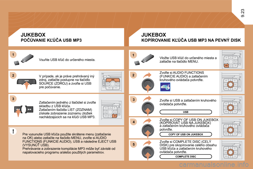 Peugeot Expert Tepee 2010  Užívateľská príručka (in Slovak) �2�2
11
�3�3
�4�4
�5�5
�2�2
�3�3
11
USB
� �Z�v�o-�t�e� �s�i� �U�S�B� �a� �z�a�t�l�a�č�e�n�í�m� �k�r�u�h�o�v�é�h�o� �o�v�l�á�d�a�č�a� �p�o�t�v�r�t�e�.� 
COPY OF USB ON JUKEBOX
COMPLETE DISC
� �