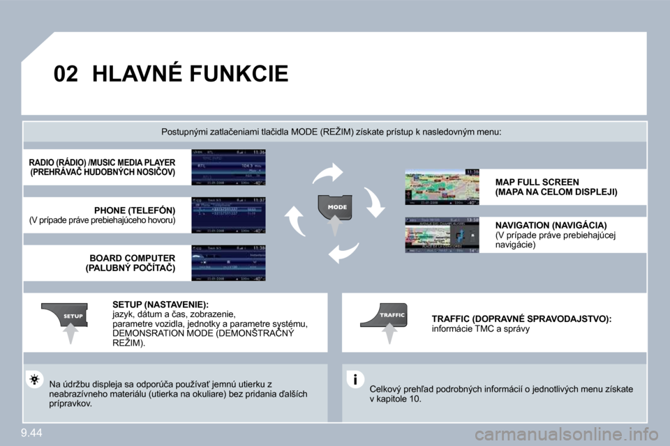 Peugeot Expert Tepee 2010  Užívateľská príručka (in Slovak) 9.44
�0�2� �H�L�A�V�N�É� �F�U�N�K�C�I�E� 
� �C�e�l�k�o�v�ý� �p�r�e�h-�a�d� �p�o�d�r�o�b�n�ý�c�h� �i�n�f�o�r�m�á�c�i�í� �o� �j�e�d�n�o�t�l�i�v�ý�c�h� �m�e�n�u� �z�í�s�k�a�t�e� �v� �k�a�p�i�t�o�