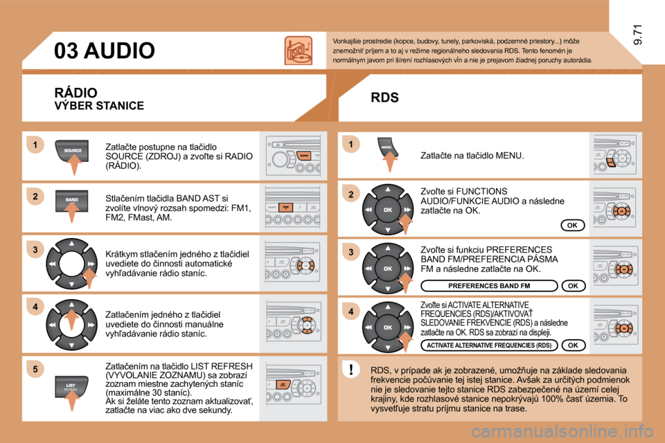 Peugeot Expert Tepee 2010  Užívateľská príručka (in Slovak) 11
�2�2
�3�3
�4�4
�2�2
�4�4
�3�3
11
�0�3
�5�5
9.71
     AUDIO 
  RÁDIO 
� �Z�a�t�l�a�č�t�e� �p�o�s�t�u�p�n�e� �n�a� �t�l�a�č�i�d�l�o� �S�O�U�R�C�E� �(�Z�D�R�O�J�)� �a� �z�v�o-�t�e� �s�i� �R�A�D�I�