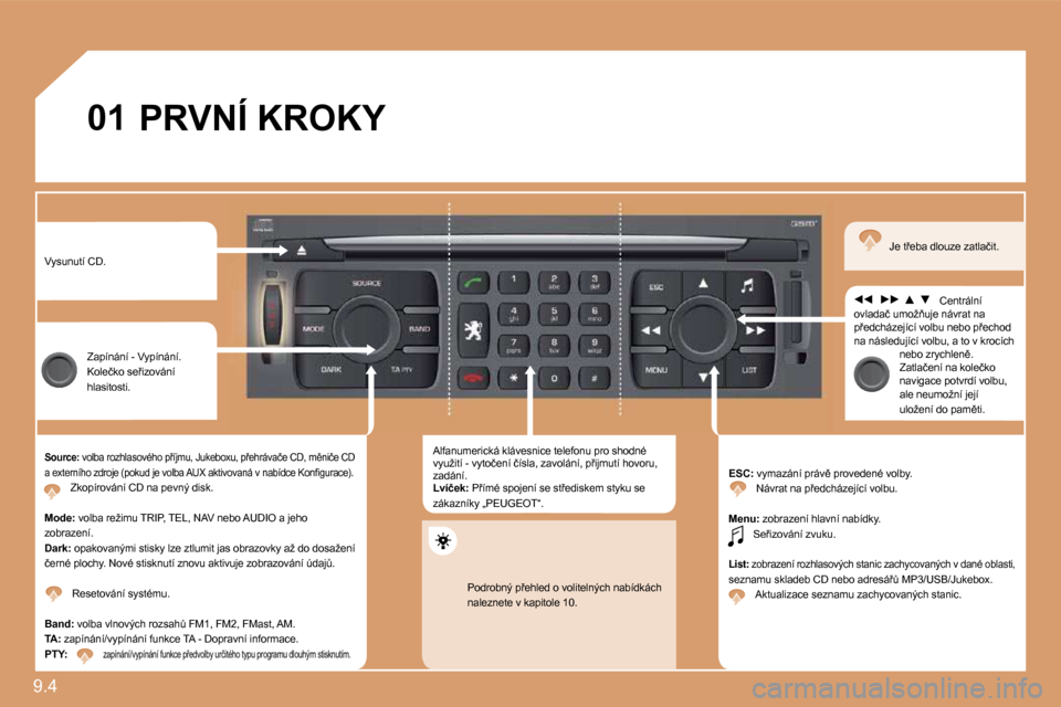 Peugeot Expert Tepee 2010  Návod k obsluze (in Czech) 9.4 
�0�1� �P�R�V�N�Í� �K�R�O�K�Y� 
� �V�y�s�u�n�u�t�í� �C�D�.� 
� �Z�a�p�í�n�á�n�í� �-� �V�y�p�í�n�á�n�í�.� � �K�o�l�e�č�k�o� �s�e9�i�z�o�v�á�n�í� �h�l�a�s�i�t�o�s�t�i�.� 
� � �S�o�u�r�c�