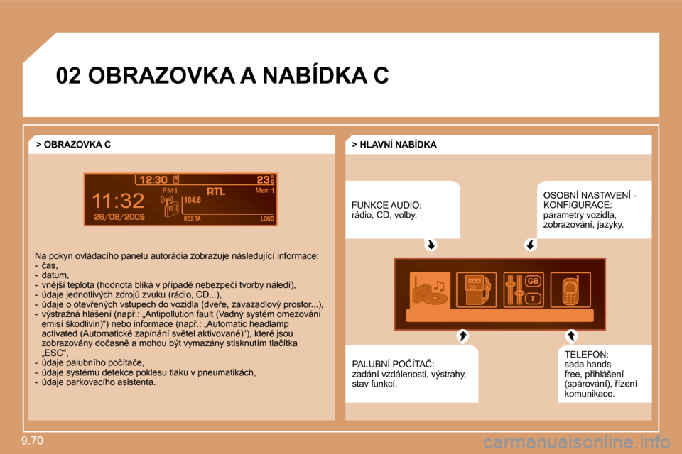Peugeot Expert Tepee 2010  Návod k obsluze (in Czech) �9�.�7�0� 
9
�0�2� �O�B�R�A�Z�O�V�K�A� �A� �N�A�B�Í�D�K�A� �C� 
� �F�U�N�K�C�E� �A�U�D�I�O�:� �r�á�d�i�o�,� �C�D�,� �v�o�l�b�y�.� 
� �O�S�O�B�N�Í� �N�A�S�T�A�V�E�N�Í� �-� �K�O�N�F�I�G�U�R�A�C�E�:�