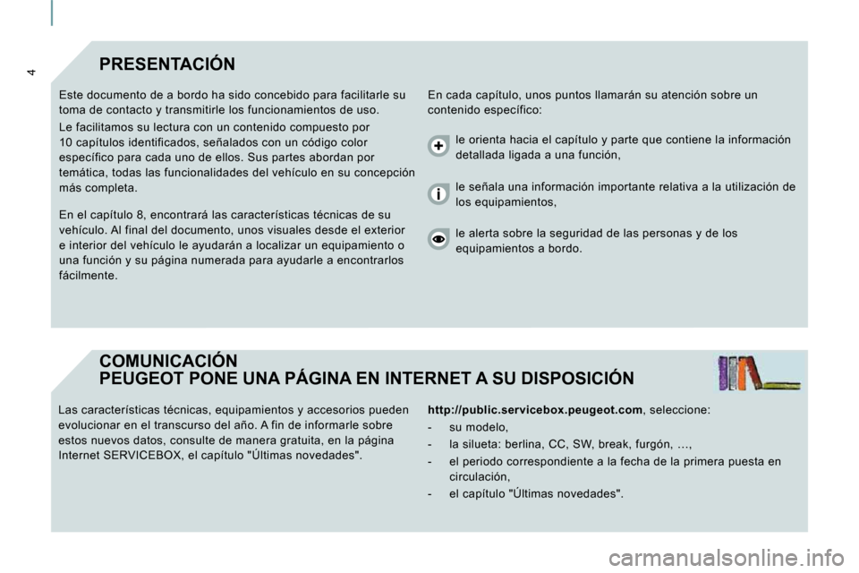 Peugeot Expert Tepee 2009 Manual del propietario (in Spanish) 4 PRESENTACIÓN
En cada capítulo, unos puntos llamarán su atención sobre un
contenido específico:
Este documento de a bordo ha sido concebido para f
acilitarle su
toma de contacto y transmit Peugeot Expert Tepee 2009 Manual del propietario (in Spanish) 4 PRESENTACIÓN
En cada capítulo, unos puntos llamarán su atención sobre un
contenido específico:
Este documento de a bordo ha sido concebido para f
acilitarle su
toma de contacto y transmit