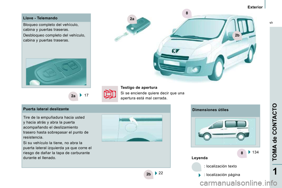 Peugeot Expert Tepee 2009 Manual del propietario (in Spanish) 8
2a
2b
2a
2b
8
5
Exterior
TOMA de CONTACTO
1
17 134
Leyenda
: localización texto
: localización página
22
Llave - Telemando
Bloqueo completo del vehículo,
cabi Peugeot Expert Tepee 2009 Manual del propietario (in Spanish) 8
2a
2b
2a
2b
8
5
Exterior
TOMA de CONTACTO
1
17 134
Leyenda
: localización texto
: localización página
22
Llave - Telemando
Bloqueo completo del vehículo,
cabi