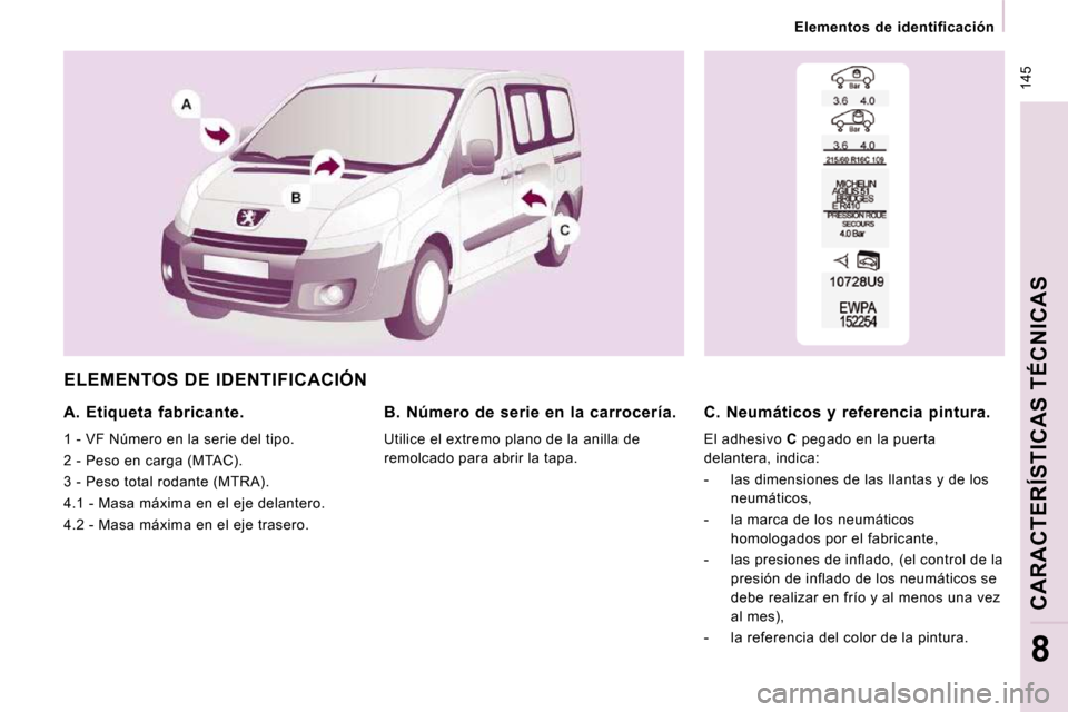 Peugeot Expert Tepee 2009  Manual del propietario (in Spanish)  145
   Elementos  de  identificación   
CARACTERÍSTICAS TÉCNICAS
8
 ELEMENTOS DE IDENTIFICACIÓN 
  A.  Etiqueta  fabricante. 
 1 - VF Número en la serie del tipo.  
 2 - Peso en carga (MTAC). 
 