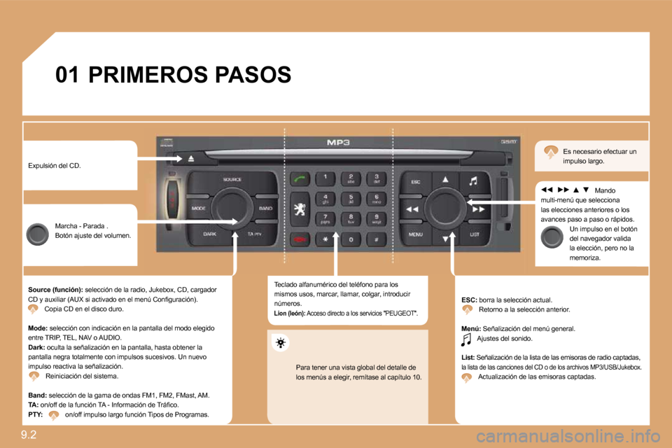 Peugeot Expert Tepee 2009  Manual del propietario (in Spanish) 9.2 
01 PRIMEROS PASOS 
 Expulsión del CD. 
 Marcha - Parada .  Botón ajuste del volumen. 
  Source (función):  selección de la radio, Jukebox, CD, cargador �C�D� �y� �a�u�x�i�l�i�a�r� �(�A�U�X� �
