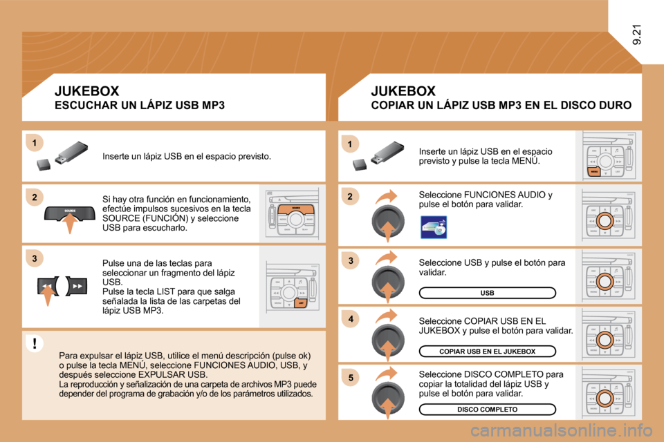 Peugeot Expert Tepee 2009  Manual del propietario (in Spanish) 22
11
33
44
55
22
33
11
USB
 Seleccione USB y pulse el botón para validar. 
COPIAR USB EN EL JUKEBOX
DISCO COMPLETO
 Seleccione COPIAR USB EN EL JUKEBOX y pulse el botón para validar. 
 Seleccione D