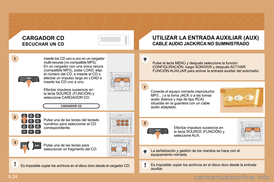 Peugeot Expert Tepee 2009 Manual del propietario (in Spanish) 9.24
11
22
11
33
22
CARGADOR CD
Inserte los CD uno a uno en un cargador multi-ranuras (no compatible MP3). En un cargador con una única ranura (compatible MP3), pulse LOAD, elija el número del CD Peugeot Expert Tepee 2009 Manual del propietario (in Spanish) 9.24
11
22
11
33
22
CARGADOR CD
Inserte los CD uno a uno en un cargador multi-ranuras (no compatible MP3). En un cargador con una única ranura (compatible MP3), pulse LOAD, elija el número del CD