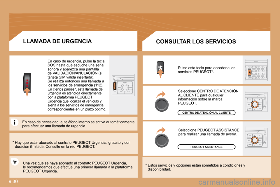 Peugeot Expert Tepee 2009  Manual del propietario (in Spanish) 9.30 
PEUGEOT ASSISTANCE
CENTRO DE ATENCIÓN AL CLIENTE
  *    Hay que estar abonado al contrato PEUGEOT Urgencia, gratuito y con duración ilimitada. Consulte en la red PEUGEOT.  
  LLAMADA DE URGENC