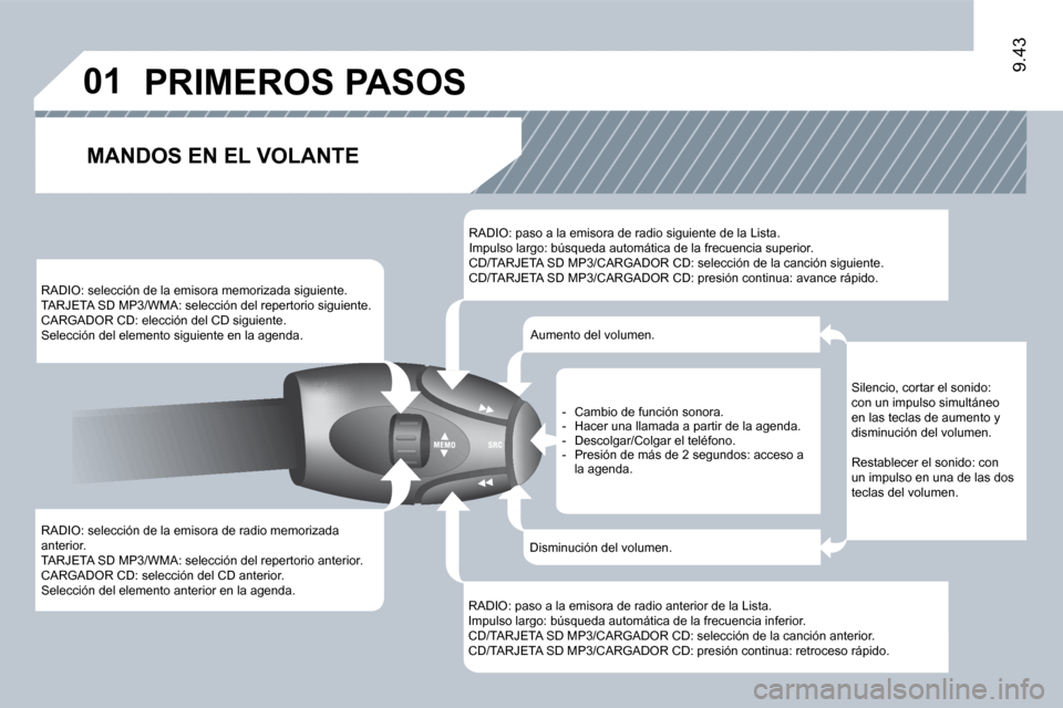 Peugeot Expert Tepee 2009  Manual del propietario (in Spanish) 01
9.43
 RADIO: selección de la emisora de radio memorizada anterior.  TARJETA SD MP3/WMA: selección del repertorio anterior.  CARGADOR CD: selección del CD anterior.  Selección del elemento anter