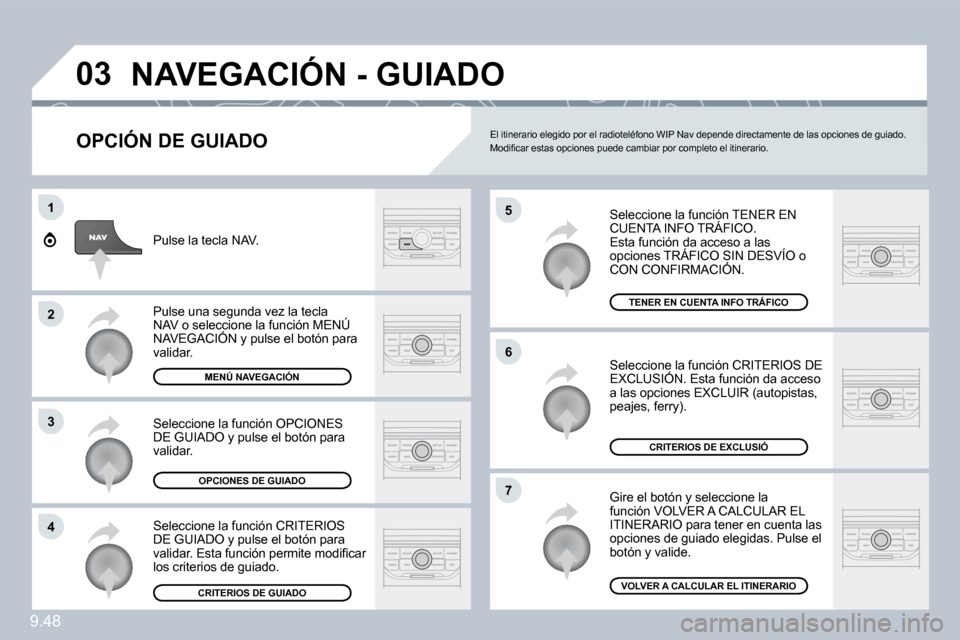 Peugeot Expert Tepee 2009 Manual del propietario (in Spanish) 9.48
03
5
6
7
1
2
3
4
NAVEGACIÓN - GUIADO
OPCIÓN DE GUIADO
Seleccione la función TENER EN CUENTA INFO TRÁFICO. Esta función da acceso a las opciones TRÁFICO SIN DESVÍO o CON CONFIRMACIÓ Peugeot Expert Tepee 2009 Manual del propietario (in Spanish) 9.48
03
5
6
7
1
2
3
4
NAVEGACIÓN - GUIADO
OPCIÓN DE GUIADO
Seleccione la función TENER EN CUENTA INFO TRÁFICO. Esta función da acceso a las opciones TRÁFICO SIN DESVÍO o CON CONFIRMACIÓ