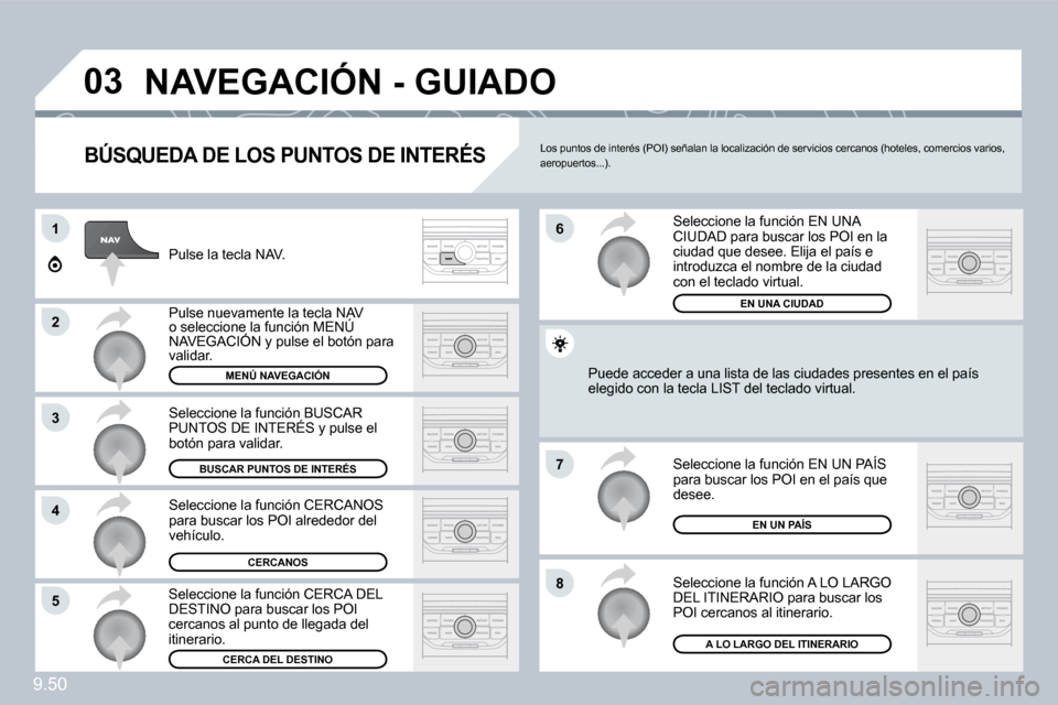 Peugeot Expert Tepee 2009 Manual del propietario (in Spanish) 9.50
03
1
2
3
4
7
85
6
NAVEGACIÓN - GUIADO
BÚSQUEDA DE LOS PUNTOS DE INTERÉS
Pulse la tecla NAV.
Pulse nuevamente la tecla NAV o seleccione la función MENÚ NAVEGACIÓN y pulse el botón p Peugeot Expert Tepee 2009 Manual del propietario (in Spanish) 9.50
03
1
2
3
4
7
85
6
NAVEGACIÓN - GUIADO
BÚSQUEDA DE LOS PUNTOS DE INTERÉS
Pulse la tecla NAV.
Pulse nuevamente la tecla NAV o seleccione la función MENÚ NAVEGACIÓN y pulse el botón p