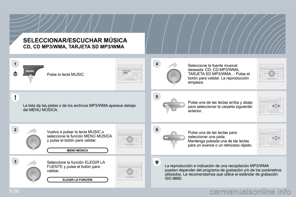 Peugeot Expert Tepee 2009  Manual del propietario (in Spanish) 9.56
1
2
3
5
4
6
  SELECCIONAR/ESCUCHAR MÚSICA  
CD, CD MP3/WMA, TARJETA SD MP3/WMA 
 La reproducción e indicación de una recopilación MP3/W MP3/WMA pueden depender del programa de grabación y/o 