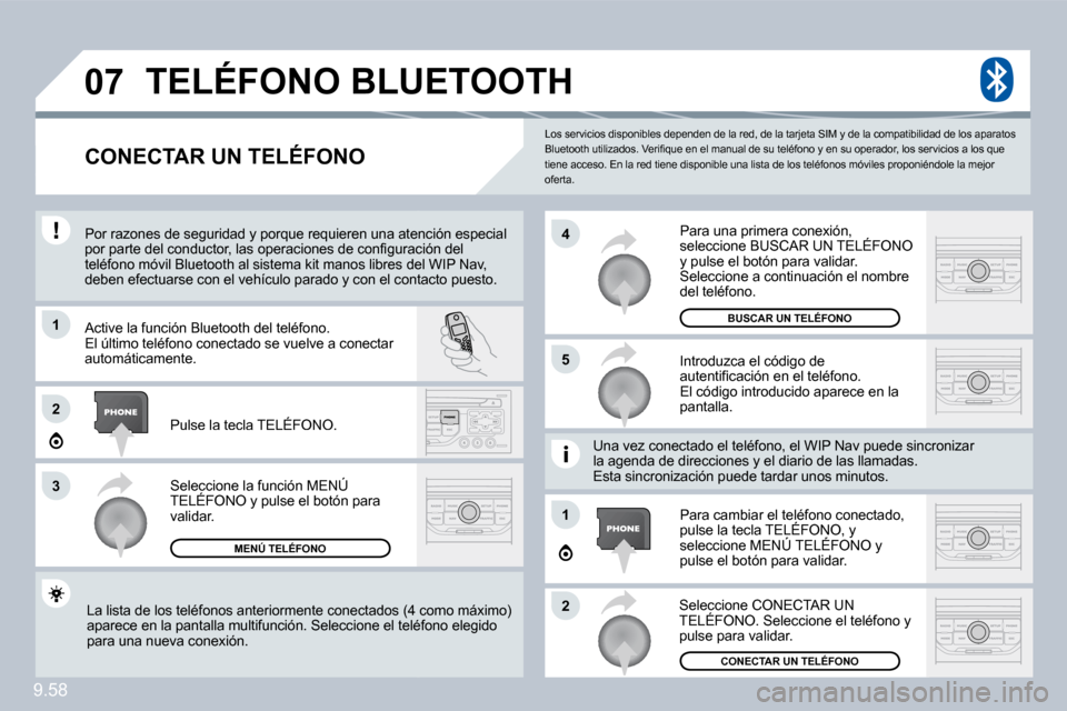 Peugeot Expert Tepee 2009  Manual del propietario (in Spanish) 9.58
07
1
3
5
4
2
1
2
 Los servicios disponibles dependen de la red, de la tarjeta SIM y de la compatibilidad de los aparato s �B�l�u�e�t�o�o�t�h� �u�t�i�l�i�z�a�d�o�s�.� �V�e�r�i�ﬁ� �q�u�e� �e�n� �