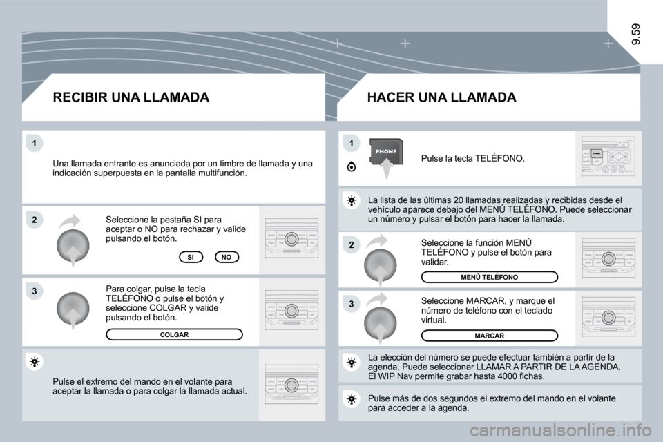 Peugeot Expert Tepee 2009  Manual del propietario (in Spanish) 2
3
11
2
3
9.59
 Pulse el extremo del mando en el volante para aceptar la llamada o para colgar la llamada actual.  
 Seleccione la pestaña SI para aceptar o NO para rechazar y valide pulsando el bot