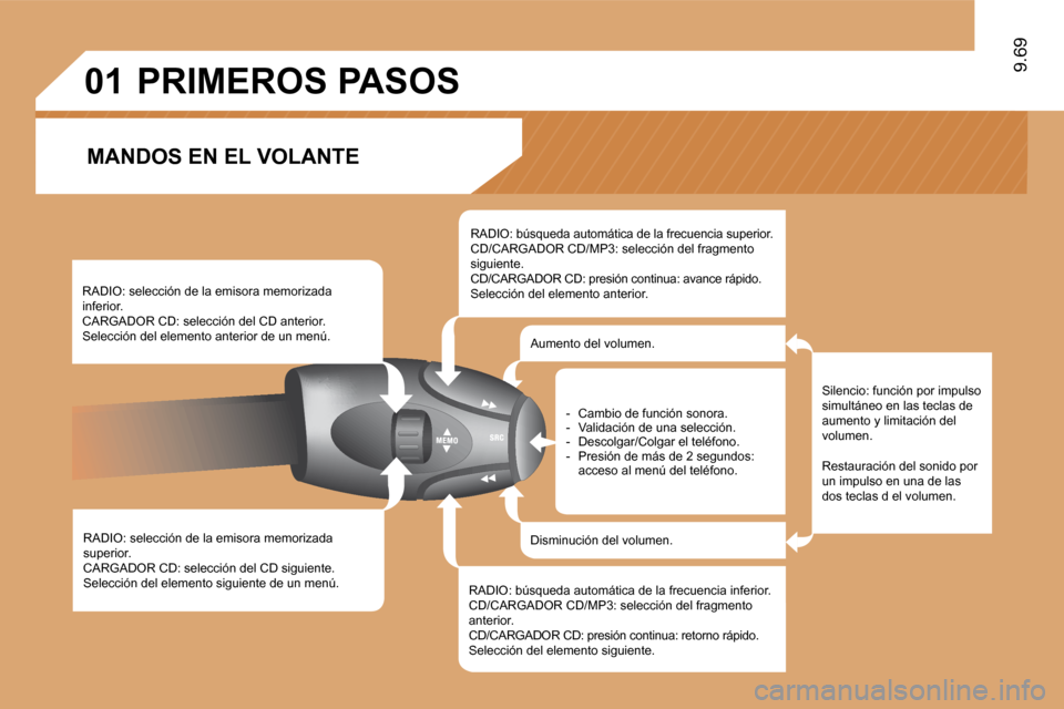 Peugeot Expert Tepee 2009  Manual del propietario (in Spanish) 01
9.69
 RADIO: selección de la emisora memorizada superior.  CARGADOR CD: selección del CD siguiente.  Selección del elemento siguiente de un menú.  
 RADIO: selección de la emisora memorizada i