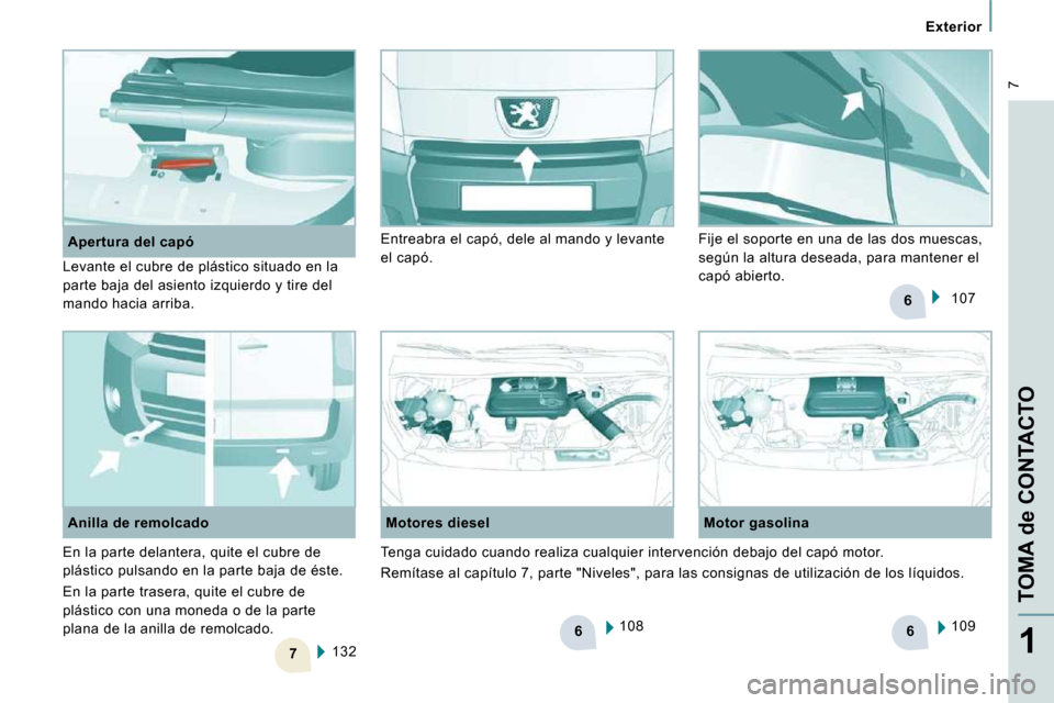 Peugeot Expert Tepee 2009 Manual del propietario (in Spanish) 6
7
6
6
7
Exterior
TOMA de CONTACTO
1
Apertura del capó 108
Motores diesel Motor gasolina
109
132
Anilla de remolcado 107
Entreabra el capó, dele al mando y levante Peugeot Expert Tepee 2009 Manual del propietario (in Spanish) 6
7
6
6
7
Exterior
TOMA de CONTACTO
1
Apertura del capó 108
Motores diesel Motor gasolina
109
132
Anilla de remolcado 107
Entreabra el capó, dele al mando y levante