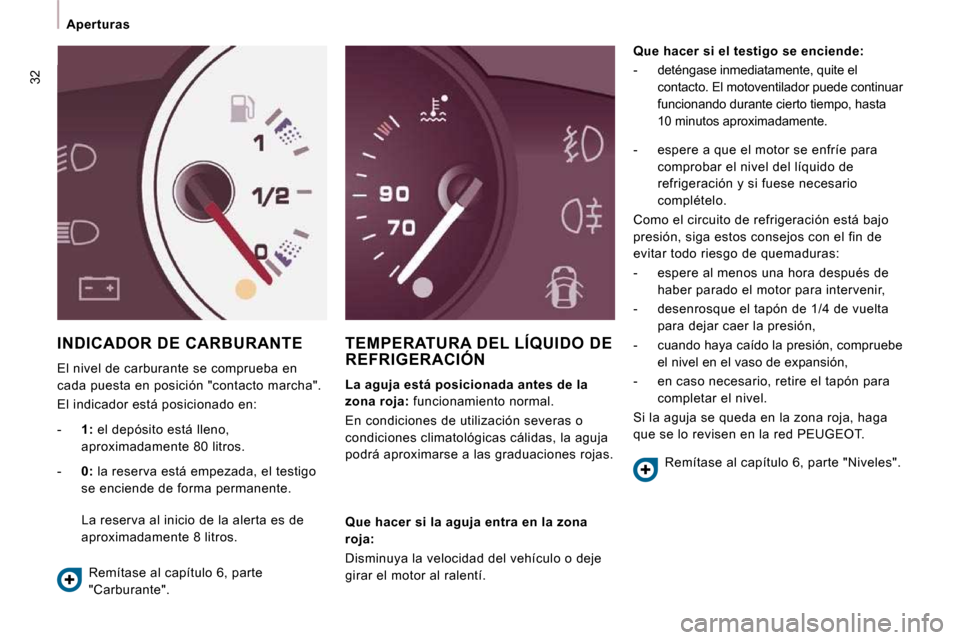 Peugeot Expert Tepee 2009  Manual del propietario (in Spanish) 32
   Aperturas   
 INDICADOR DE CARBURANTE 
 El nivel de carburante se comprueba en  
cada puesta en posición "contacto marcha".  
 El indicador está posicionado en: 
 TEMPERATURA DEL LÍQUIDO DE R