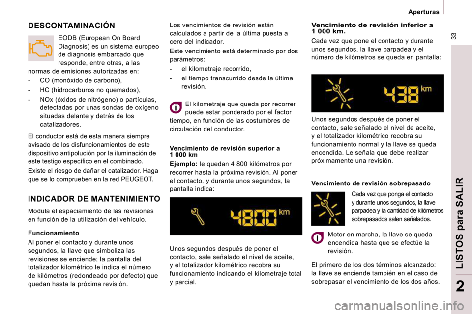 Peugeot Expert Tepee 2009  Manual del propietario (in Spanish)  33
   Aperturas   
LISTOS 
para
 SALIR
2
 Los vencimientos de revisión están  
calculados a partir de la última puesta a 
cero del indicador.  
 Este vencimiento está determinado por dos  
parám