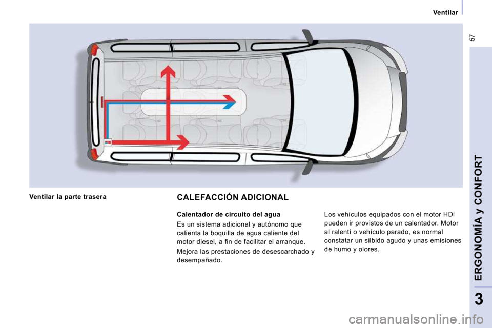 Peugeot Expert Tepee 2009  Manual del propietario (in Spanish)  57
Ventilar
ERGONOMÍA y CONFORT
3
 CALEFACCIÓN ADICIONAL  
 Los vehículos equipados con el motor HDi  
pueden ir provistos de un calentador. Motor 
al ralentí o vehículo parado, es normal 
const