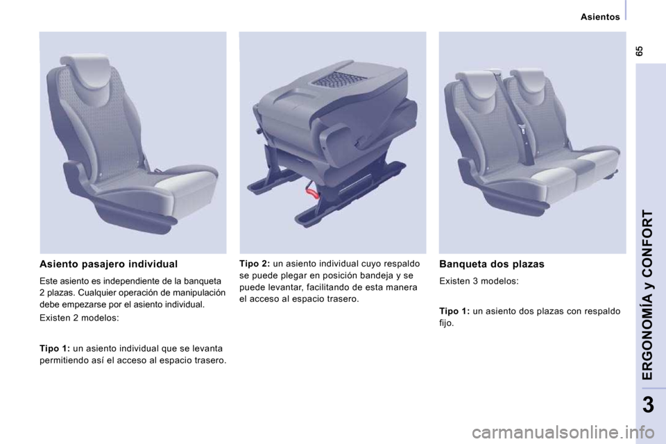 Peugeot Expert Tepee 2009  Manual del propietario (in Spanish)    Asientos   
ERGONOMÍA y CONFORT
3
  
Tipo 2:   
   un asiento individual cuyo respaldo 
se puede plegar en posición bandeja y se  
puede levantar, facilitando de esta manera 
el acceso al espacio
