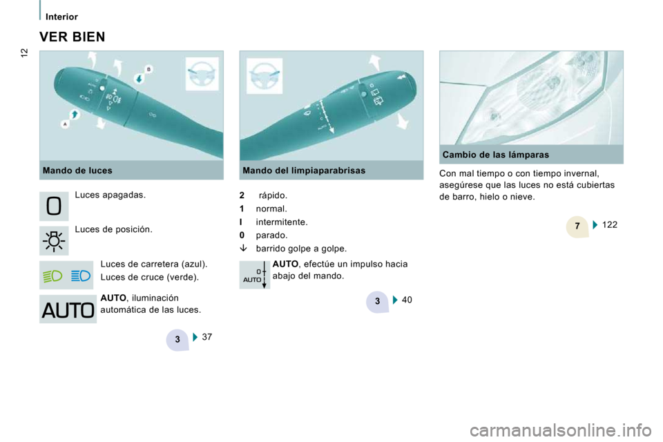 Peugeot Expert Tepee 2009  Manual del propietario (in Spanish) 3
3
7
   Interior   
12
  VER  BIEN 
 37  
 Luces apagadas.  
 Luces de posición. 
 Luces de carretera (azul).   
Luces de cruce (verde).    Mando del limpiaparabrisas 
  
2     rápido.  
 
1   norm