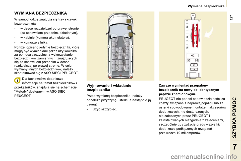 Peugeot Expert Tepee 2009  Instrukcja Obsługi (in Polish)  127
� � � �W�y�m�i�a�n�a�  �b�e�z�p�i�e�c�z�n�i�k�a� � � 
�S�Z�Y�B�K�A� �P�O�M�O�C
7
� �W�Y�M�I�A�N�A� �B�E�Z�P�I�E�C�Z�N�I�K�A� 
� �W� �s�a�m�o�c�h�o�d�z�i�e� �z�n�a�j�d�u�j"� �s�i� �t�r�z�y� �s�