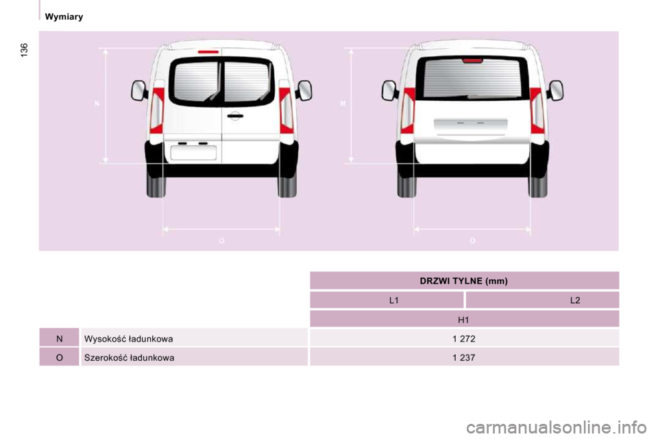 Peugeot Expert Tepee 2009  Instrukcja Obsługi (in Polish) �1�3�6
� �W�y�m�i�a�r�y� 
          
�D�R�Z�W�I� �T�Y�L�N�E� �(�m�m�)    
         L1          L2  
              H1       
  N   � �W�y�s�o�k�o;�ć� �ł�a�d�u�n�k�o�w�a�         1 272       
� � �O�
