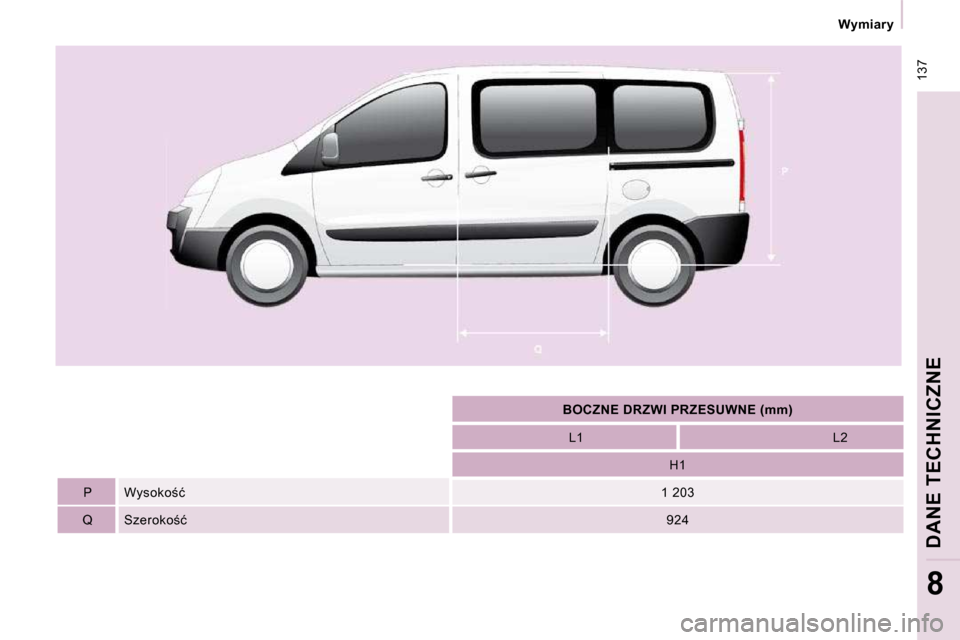 Peugeot Expert Tepee 2009  Instrukcja Obsługi (in Polish) � �1�3�7
� � � �W�y�m�i�a�r�y� � � 
�D�A�N�E� �T�E�C�H�N�I�C�Z�N�E
8
          
�B�O�C�Z�N�E� �D�R�Z�W�I� �P�R�Z�E�S�U�W�N�E� �(�m�m�)    
         L1          L2  
              H1       
� � �P� �  