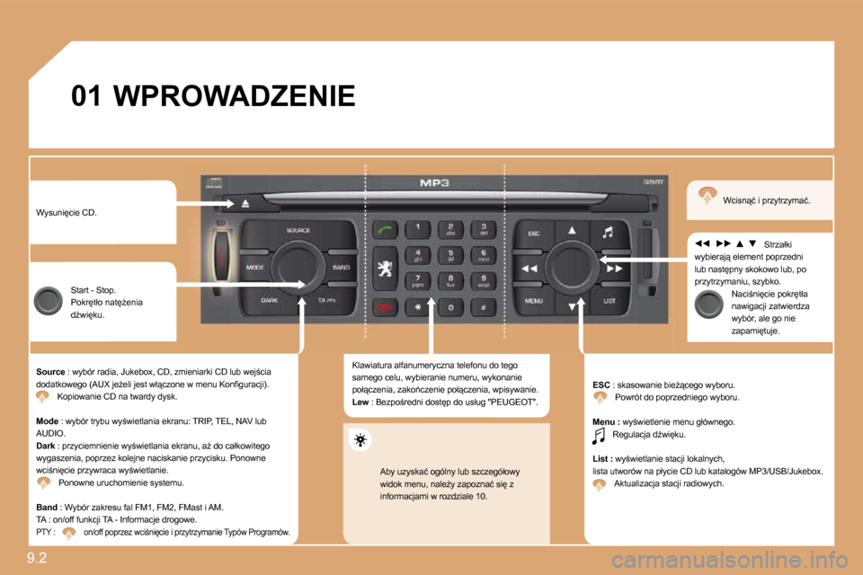 Peugeot Expert Tepee 2009  Instrukcja Obsługi (in Polish) �9�.�2� 
01 WPROWADZENIE 
� �W�y�s�u�n�i�c�i�e� �C�D�.� 
� �S�t�a�r�t� �-� �S�t�o�p�.� � �P�o�k�r�t�ł�o� �n�a�tG�e�n�i�a� �dE�w�i�k�u�.� 
�S�o�u�r�c�e� �:� � �w�y�b�ó�r� �r�a�d�i�a�,� �J�u