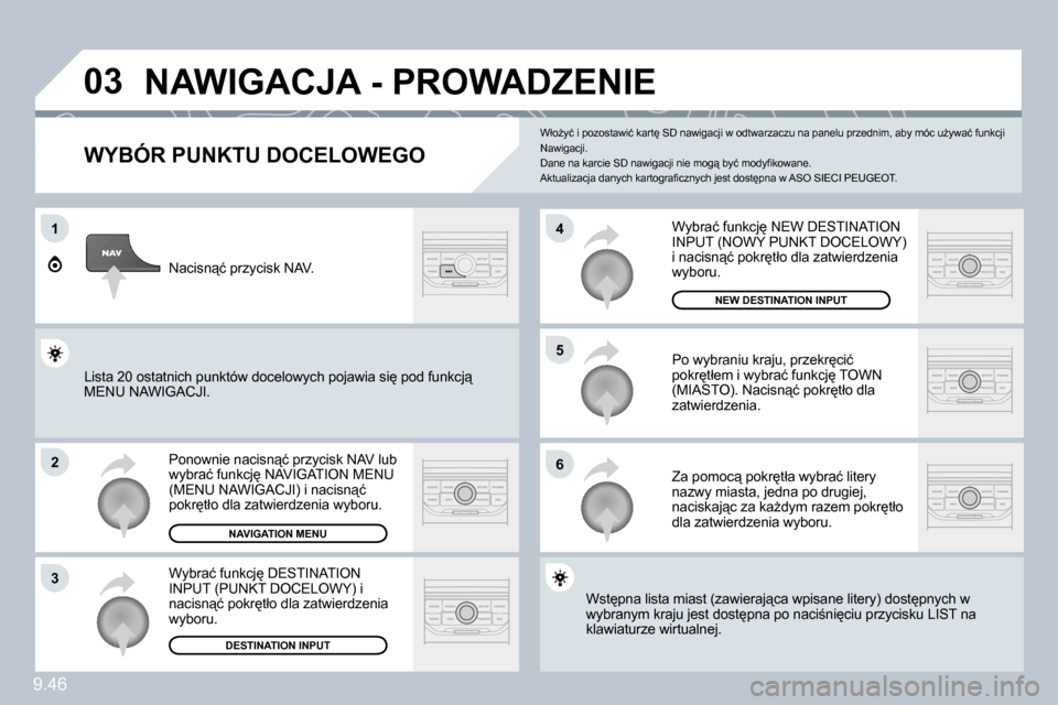 Peugeot Expert Tepee 2009  Instrukcja Obsługi (in Polish) �9�.�4�6
03
1
2
3
6
�5
4
� �N�A�W�I�G�A�C�J�A� �-� �P�R�O�W�A�D�Z�E�N�I�E� 
� � �W�Y�B�Ó�R� �P�U�N�K�T�U� �D�O�C�E�L�O�W�E�G�O� 
� �P�o�n�o�w�n�i�e� �n�a�c�i�s�n"�ć� �p�r�z�y�c�i�s�k� �N�A�V� �l�u�