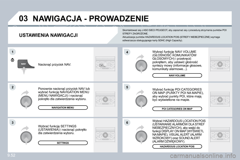 Peugeot Expert Tepee 2009  Instrukcja Obsługi (in Polish) �9�.�5�2
03
6
4
�5
1
2
3
� � �U�S�T�A�W�I�E�N�I�A� �N�A�W�I�G�A�C�J�I� 
� �W�y�b�r�a�ć� �f�u�n�k�c�j� �N�A�V�I� �V�O�L�U�M�E� �(�G�Ł�O:�N�O:�Ć� �K�O�M�U�N�I�K�A�T�Ó�W� � �W�y�b�r�a�ć� �f�u�n�