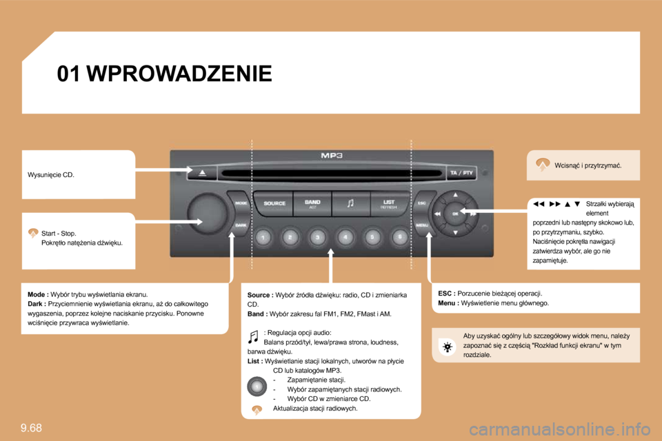 Peugeot Expert Tepee 2009  Instrukcja Obsługi (in Polish) �9�.�6�8� 
01 WPROWADZENIE
� � �W�y�s�u�n�i�c�i�e� �C�D�.� 
� �S�t�a�r�t� �-� �S�t�o�p�.� � �P�o�k�r�t�ł�o� �n�a�tG�e�n�i�a� �dE�w�i�k�u�.� 
� � �M�o�d�e� �:� � �W�y�b�ó�r� �t�r�y�b�u� �w�