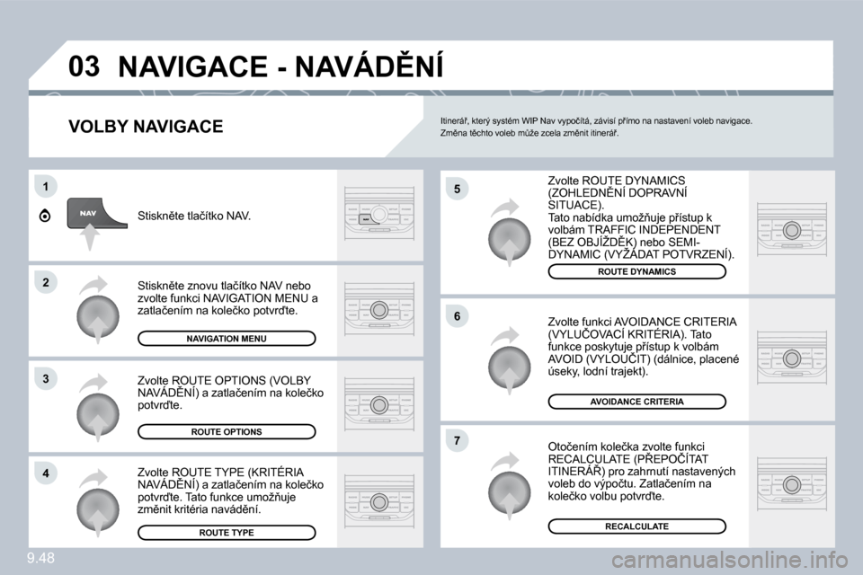 Peugeot Expert Tepee 2009  Návod k obsluze (in Czech) �9�.�4�8
�0�3
�5
�6
�7
�1
2
�3
4
� �N�A�V�I�G�A�C�E� �-� �N�A�V�Á�D(�N�Í� 
� � �V�O�L�B�Y� �N�A�V�I�G�A�C�E� 
� �Z�v�o�l�t�e� �R�O�U�T�E� �D�Y�N�A�M�I�C�S� �(�Z�O�H�L�E�D�N(�N�Í� �D�O�P�R�A�V�N�