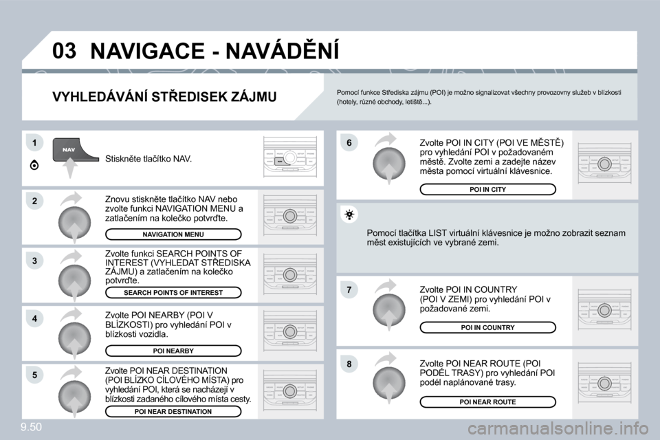 Peugeot Expert Tepee 2009  Návod k obsluze (in Czech) �9�.�5�0
�0�3
�1
2
�3
4
�7
8�5
�6
� �N�A�V�I�G�A�C�E� �-� �N�A�V�Á�D(�N�Í� 
� � �V�Y�H�L�E�D�Á�V�Á�N�Í� �S�T8�E�D�I�S�E�K� �Z�Á�J�M�U� 
� �S�t�i�s�k�n)�t�e� �t�l�a�č�í�t�k�o� �N�A�V�.� 
� �