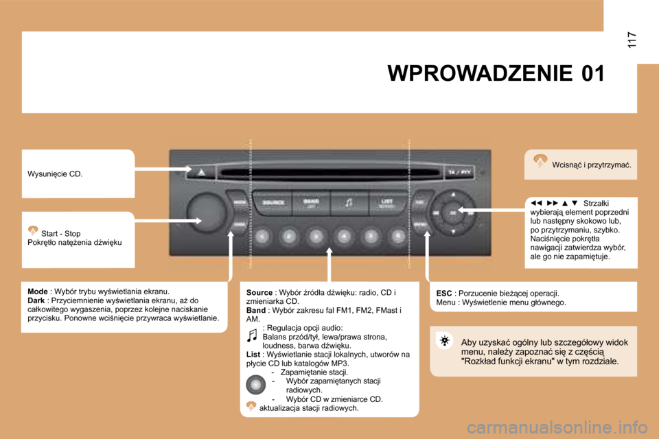 Peugeot Expert Tepee 2008.5  Instrukcja Obsługi (in Polish) �0�1
�1�1�7
� �W�P�R�O�W�A�D�Z�E�N�I�E� 
� �W�y�s�u�n�i�c�i�e� �C�D�. 
� �S�t�a�r�t� �-� �S�t�o�p� � �P�o�k�r�t�ł�o� �n�a�tG�e�n�i�a� �dE�w�i�k�u� 
�M�o�d�e� �:� � �W�y�b�ó�r� �t�r�y�b�u� 