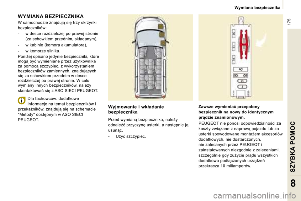Peugeot Expert Tepee 2008.5  Instrukcja Obsługi (in Polish)  175
� � � �W�y�m�i�a�n�a�  �b�e�z�p�i�e�c�z�n�i�k�a� � � 
SZYBKA POMOC
8
 WYMIANA BEZPIECZNIKA 
� �W� �s�a�m�o�c�h�o�d�z�i�e� �z�n�a�j�d�u�j"� �s�i� �t�r�z�y� �s�k�r�z�y�n�k�i�  
�b�e�z�p�i�e�c�z�